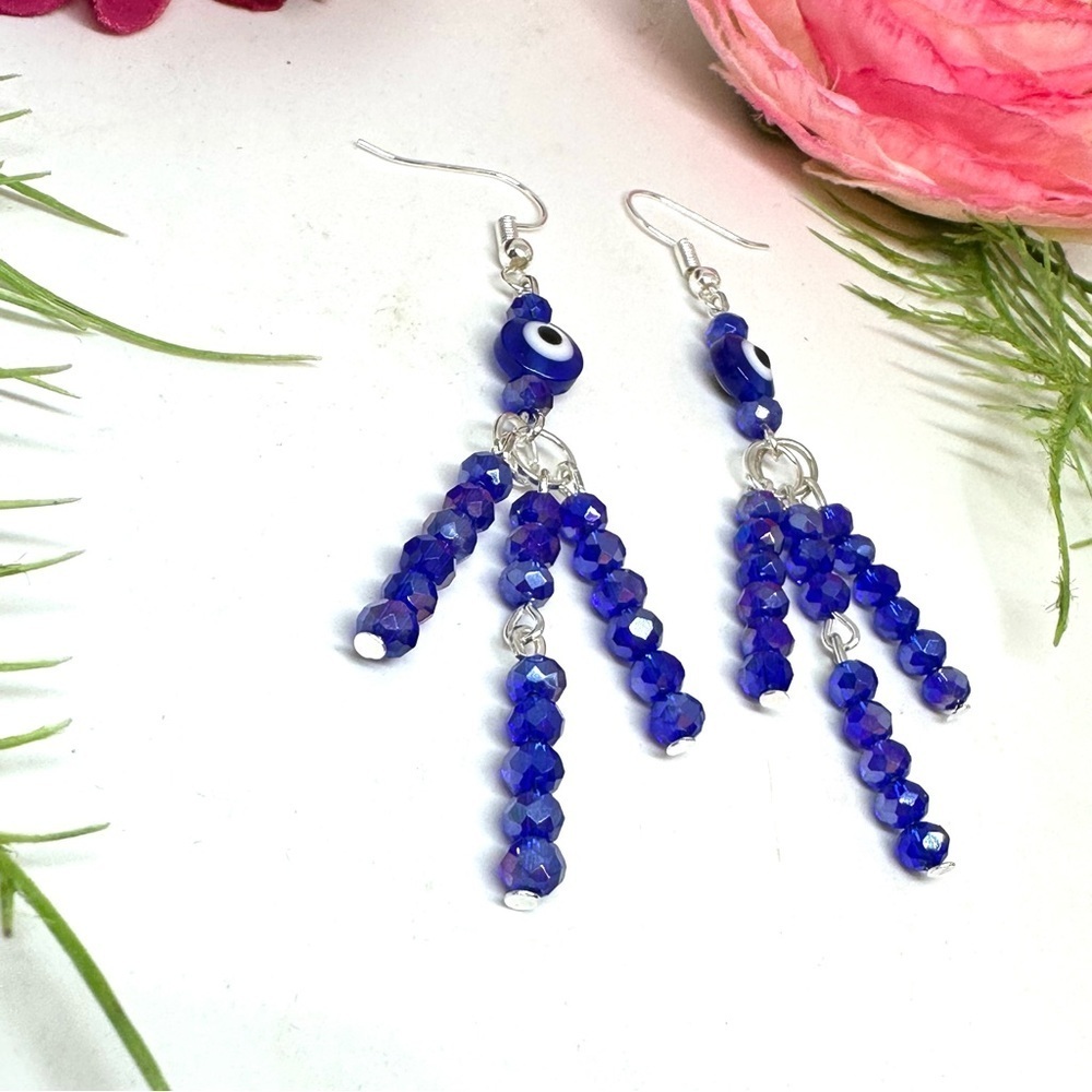 NEW⚜️Handmade Evil Eye Crystal Fringe Earrings - Picture 3 of 6
